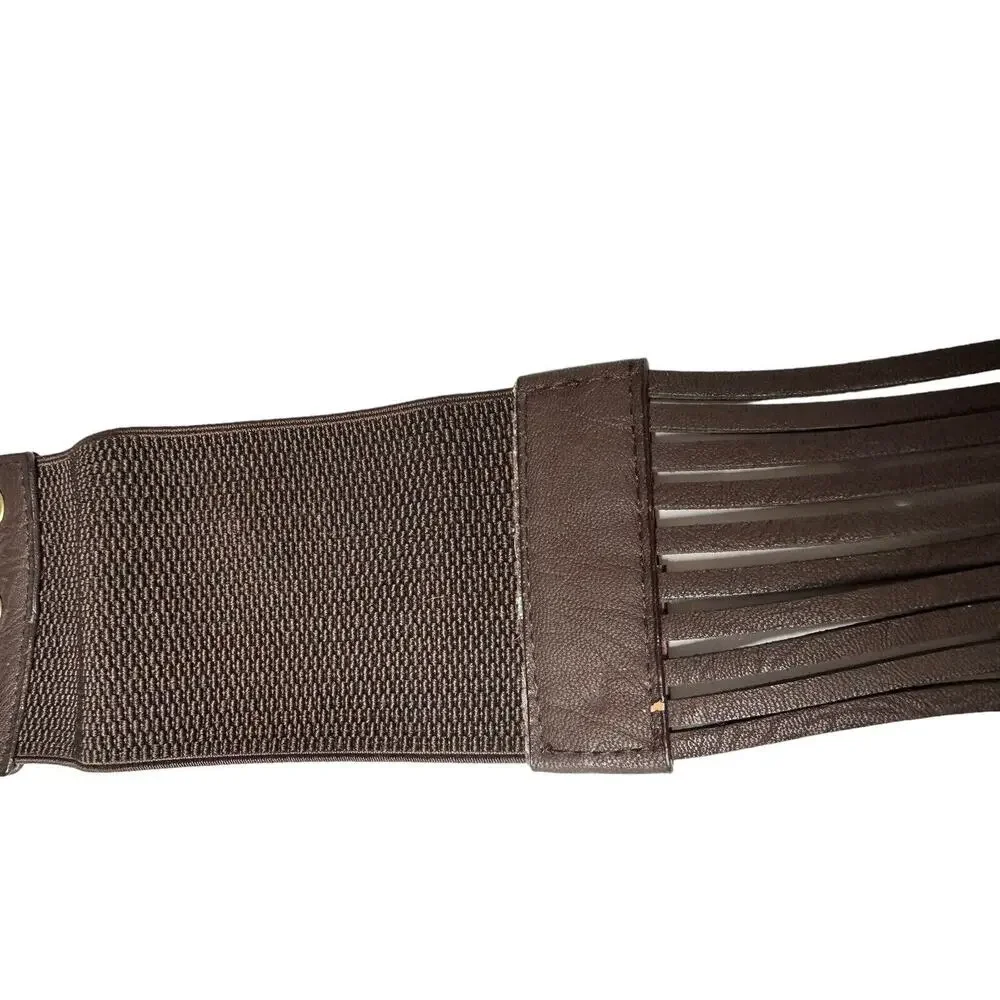Vintage ANGIE Wide Brown Beaded Faux Leather Elastic Stretch Snap Closure‎ Belt